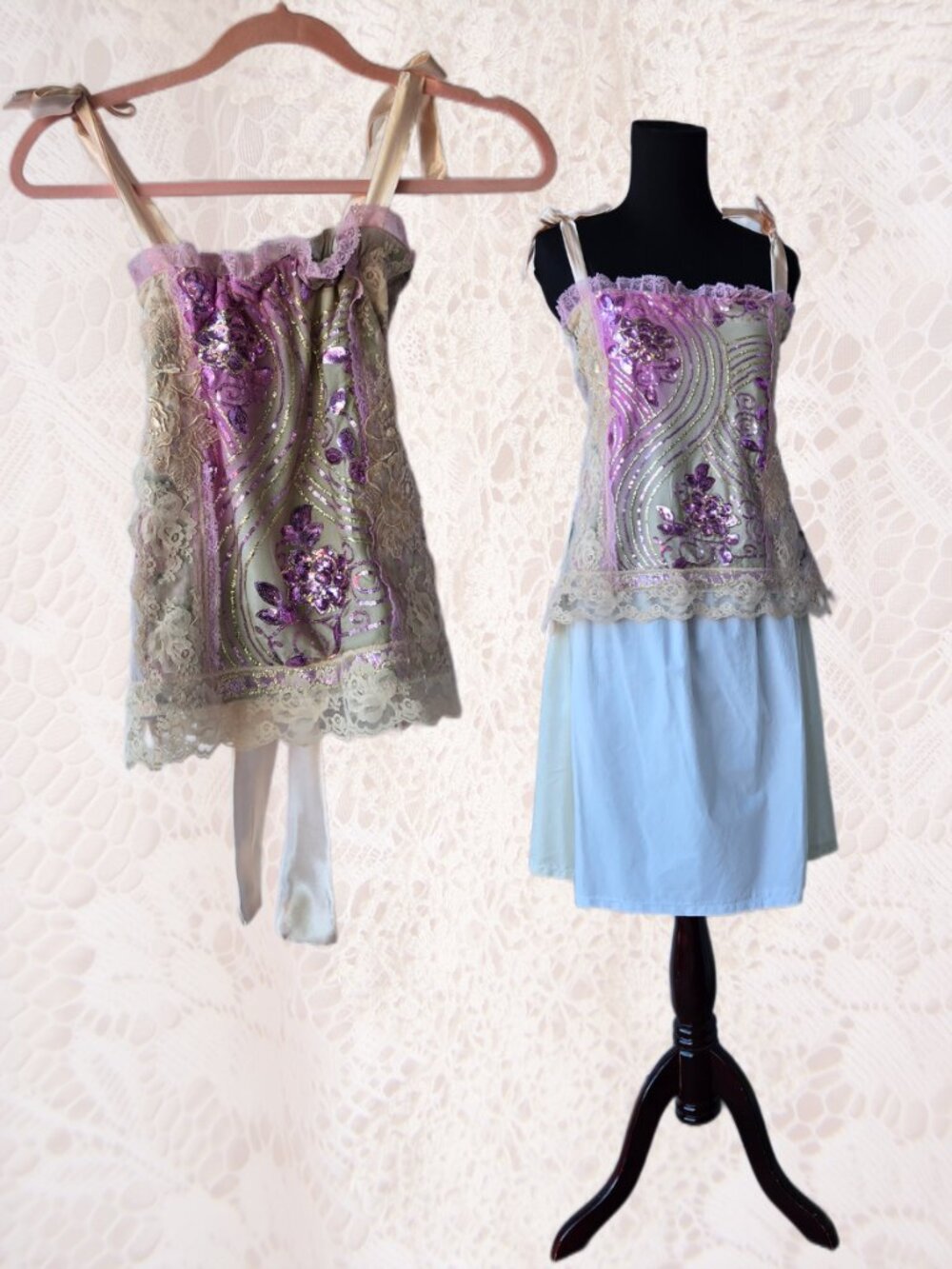 Handmade Romantic Beige and Pastel Pink Sequin Embroidered Tube Top Cottagecore